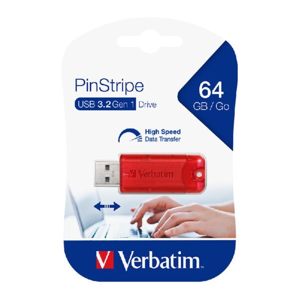 Verbatim PinStripe USB3.2 Gen1 64GB (Red) Store’n’Go USB3.0 Flash Drive – Red : 66408 (Warranty 2years)